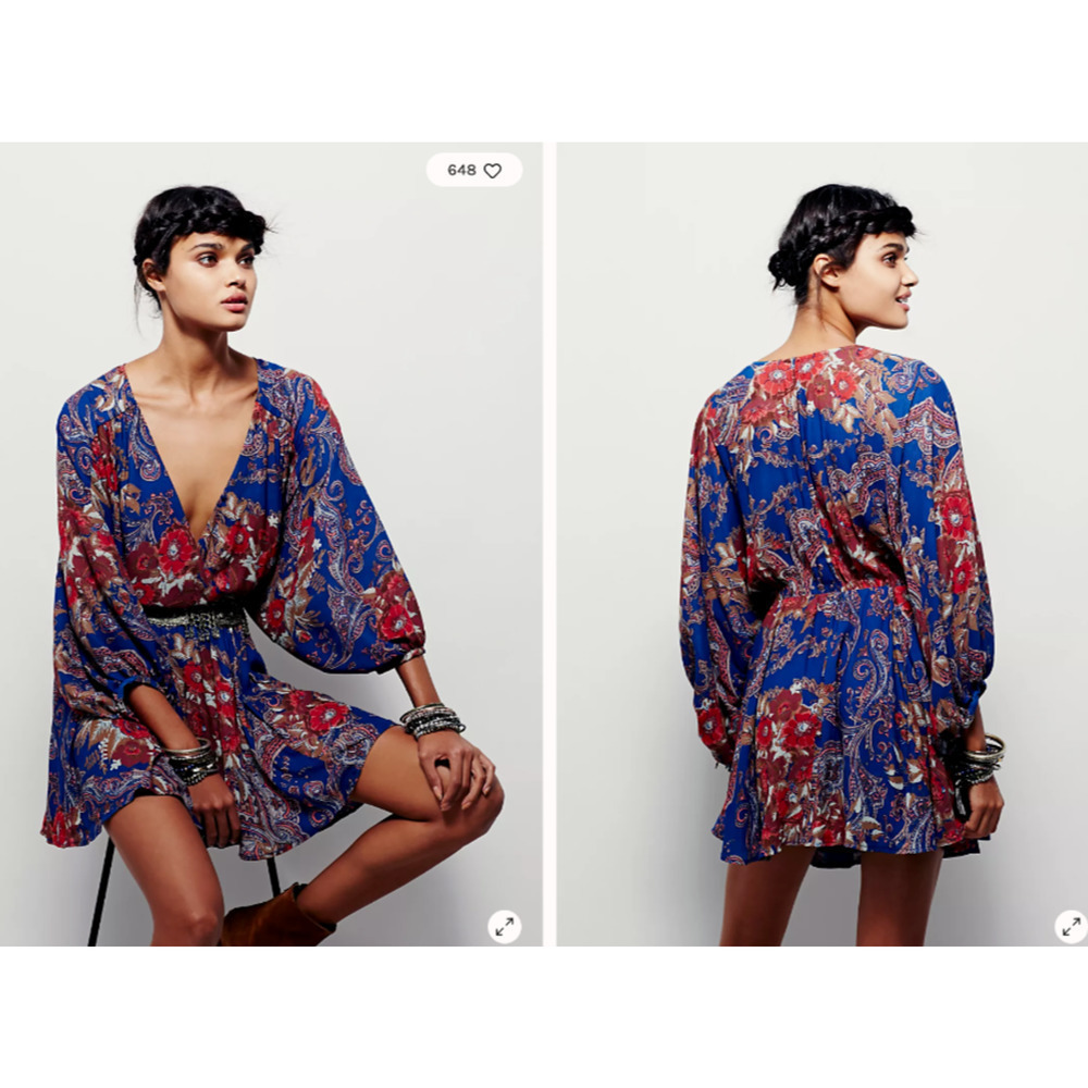 Free People High Plains Tunic Dress Size Small Blue Vintage Floral Print Boho